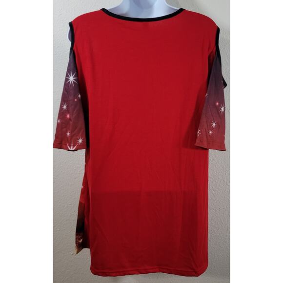 Fashion Red Christmas Tree With Stars Printed Cold Shoulder Top Large Soft Flowy - Picture 3 of 7